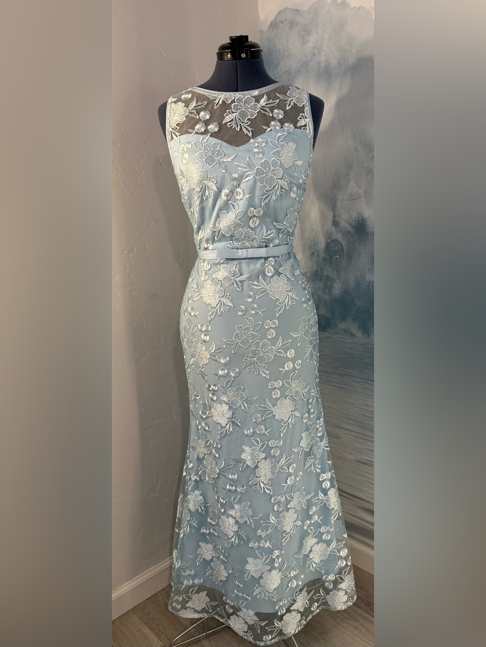 Sky Blue Floral Lace Maxi Dress with Sheer Yoke #367